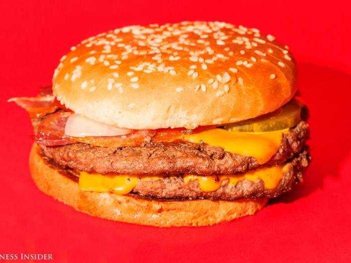 Much like the previous burgers, the double quarter-pounder has — you guessed it — two quarter-pound patties. Two slices of American cheese, along with pickles, onions, ketchup, and mustard all squeeze into a sesame bun.