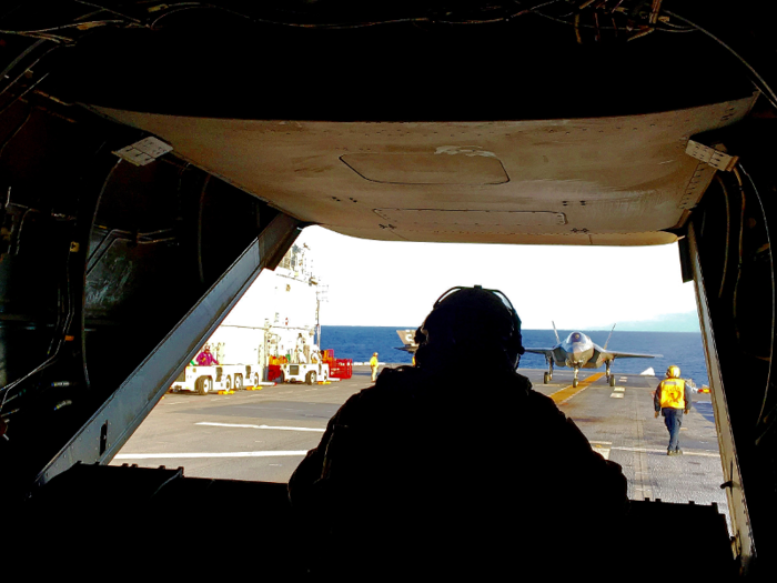 After the F-35B landed and taxied into position our MV-22B crew was given permission to liftoff.