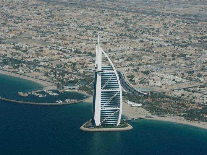 Completed in 1999, the hotel is on an artificial island in the Persian gulf.