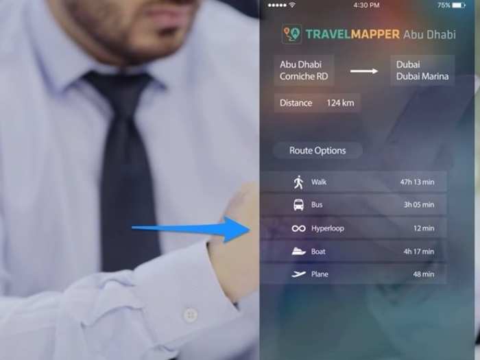 If a Hyperloop is available, the app will list it and other transportation options. If a passenger clicks the Hyperloop option...