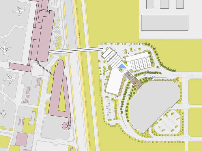 In the site plan, the new border crossing terminal building is on the right.