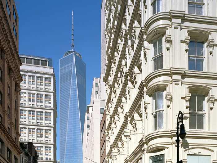 "One exception is Fulton Street where I photographed it juxtaposed with a richly articulated cast iron building from more than a hundred years ago. And as before with the Twin Towers, One WTC appears at its most commanding from across the Hudson in New Jersey," he wrote.