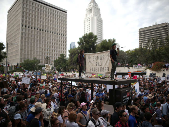 Around 1,100 protesters in Los Angeles were still protesting peacefully as night fell. "Thank you for the unity," the LAPD tweeted.