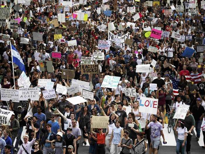 Many protesters were upset that while Trump won the election, Democratic candidate Hillary Clinton won the popular vote.