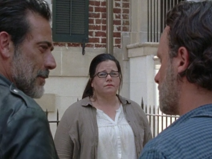 One of the meaner lines Negan says about Olivia, the woman left in charge of the food rations and armory, made it into the episode.