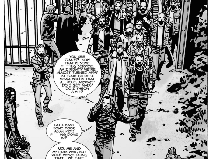 In the comics, Negan brought along a big crowd of his Savior gang to check out the place.