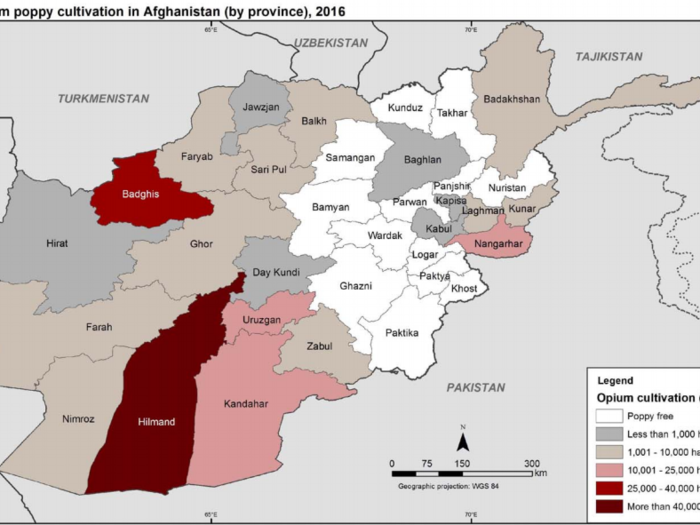 Southern Afghanistan, Helmand (or Hilmand) province in particular, continues to be a locus for opium-poppy cultivation. That region had 59% of the country