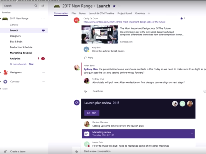 Teams is not yet openly available but will be in 2017. Only a preview version is available now. Teams has two big differences from Slack. First, its price. Microsoft Teams will be a free app included with most of the business versions of Office 365 including Business Essentials ($5 per person/month).