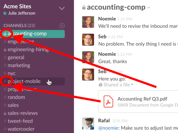 Slack has several advantages over other chat apps. First, it is really easy to use. Anyone can create a channel around any topic, like a project. Public channels use a pound sign (#) and are open to anyone in the company. Private channels use a lock sign and require an invite.