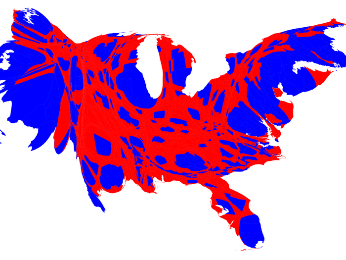 But many of those blue counties contain dense cities. Resizing counties by population, it becomes a little clearer why Clinton is likely to narrowly win the popular vote while losing in the Electoral College.