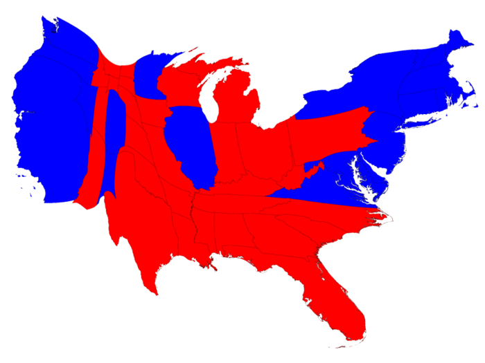 But, of course, the US population is not evenly distributed among the states. This map distorts the sizes of the states to reflect their varying populations.