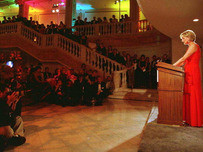 June 18, 1997: Diana spoke at a gala dinner for landmine victims at the Museum of Women in the Arts wearing a stunning red gown.