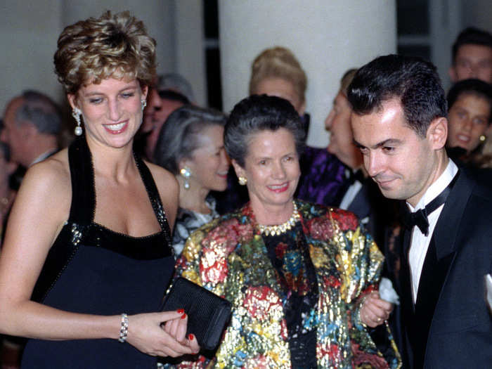 November 28, 1994: A smiling Diana was seen wearing this navy blue gown alongside Anemone Giscard d