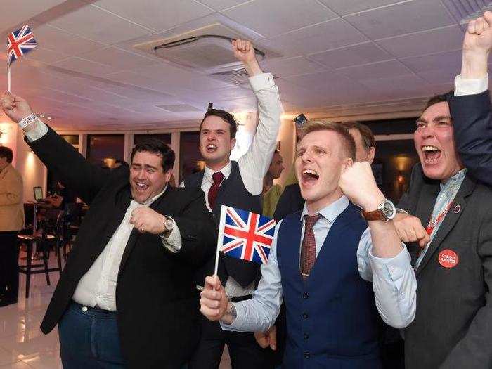 Brexit supporters cheer results at a Leave.eu party after polling stations closed in the Referendum on the European Union in London, England, on June 23.