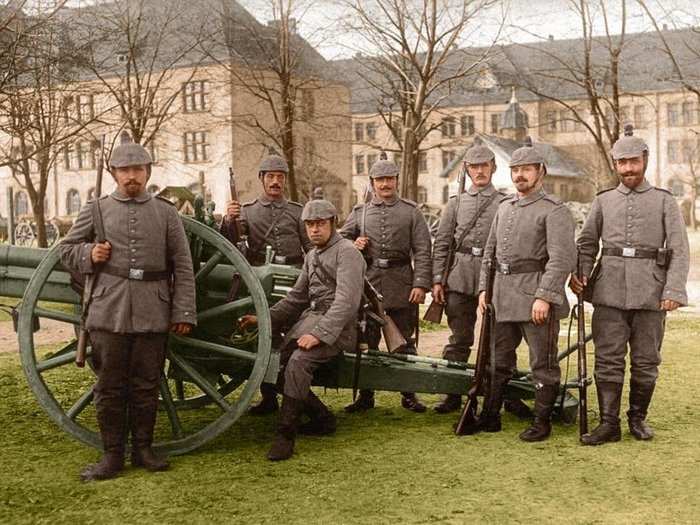 Here, a German Field Artillery crew poses with its gun at the start of the war in 1914.