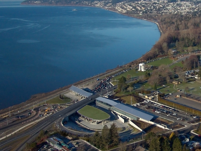 The Peace Arch US Port of Entry, which is also on the US-Canada border, overlooks the Semiahmoo Bay in Washington.