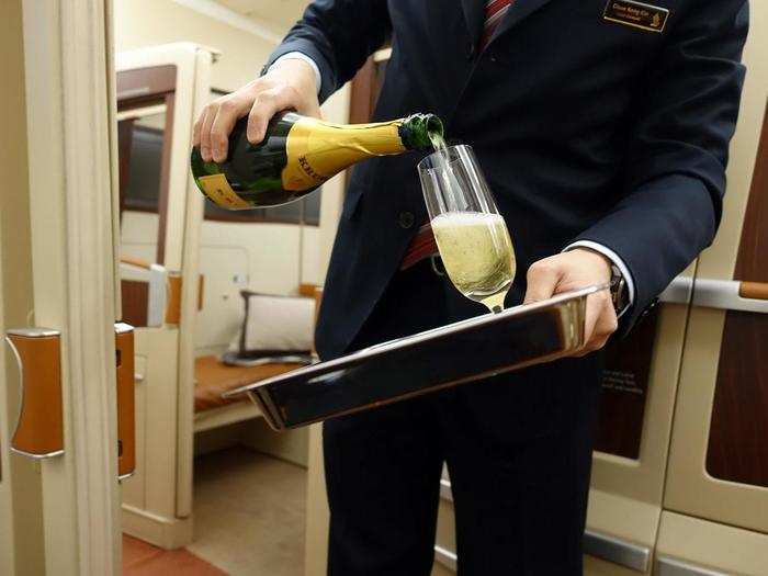 Having done the taste test on a previous flight, I started with a glass of Krug. Interestingly, the flight attendant poured the champagne into glass while holding onto a tray, before settling the glass on my seat. He later told me this was to “minimize discomfort to our passengers.”