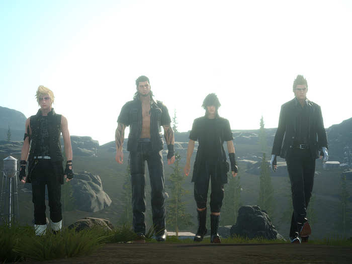 Noctis is joined on his journey through a world at war by his buddies Prompto (far left), Gladiolus (center left) and Ignis (far right). These four ridiculously-named friends fight alongside one another on a bro road trip.