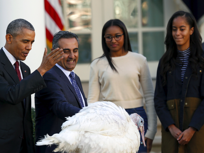 President Barack Obama likes making light of the tradition. In 2015, Obama thanked his daughters for standing with him during all of the turkey pardoning ceremonies he