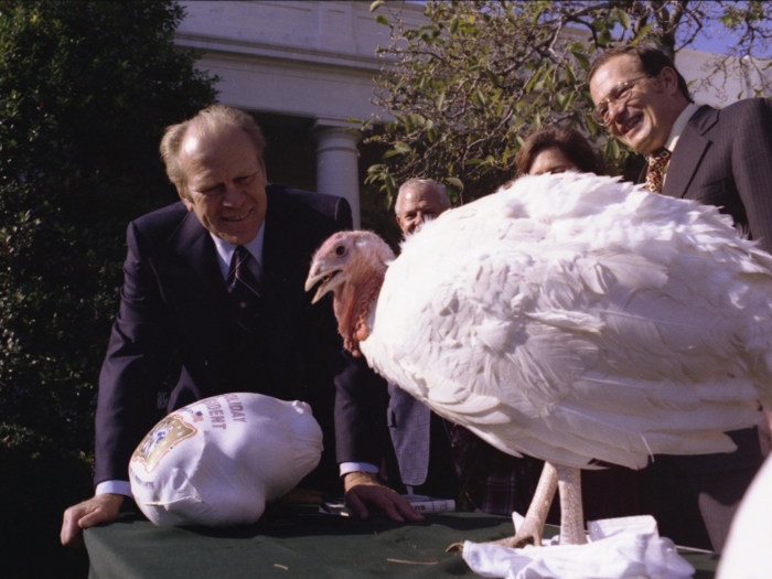 President Gerald Ford had the cruel idea to put a wrapped, ready-to-cook turkey next to the live one presented to him.