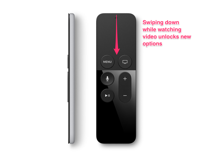 Swipe down on the Apple TV remote while watching video to open up additional options, like subtitles, closed captioning, chapters, and speaker settings.