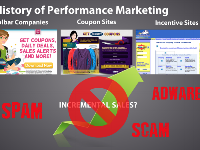 During the early days of performance marketing, the industry was filled with very questionable businesses from "toolbar" companies to "incentive" sites. Not only did these companies not drive incremental sales, but they also drove spam, adware and other problems. When performance marketing is mentioned today, many still conjure up images of these questionable practices.