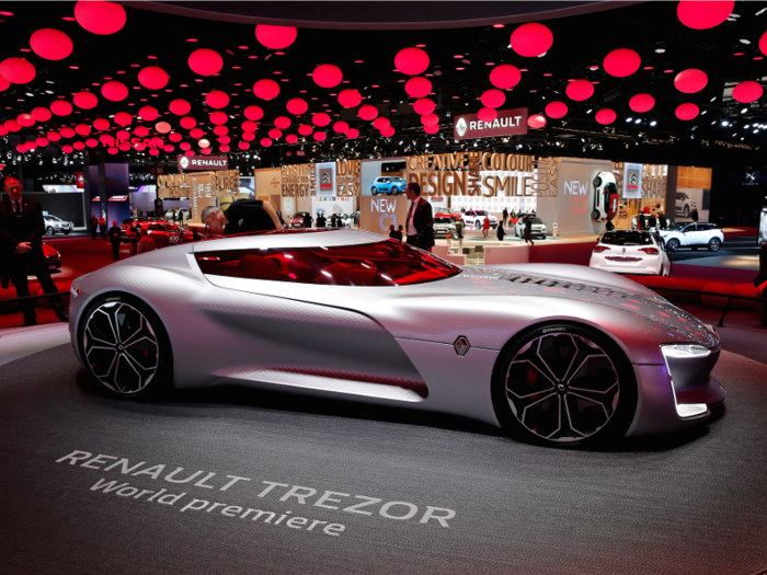 2. French auto manufacturer Renault unveiled its electric supercar concept, the Trezor, in September. Renault says it has a power output of 350 hp and 280 ft.-lb. of torque, but the car hasn