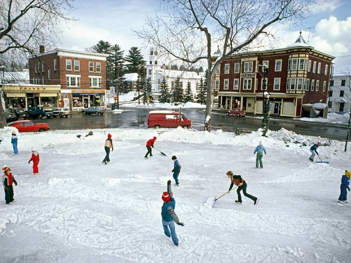 New Hampshire, 1982: New Hampshire locals shovel the hockey rink on the Whitefield Common, flooded by the town so they can play the winter game.