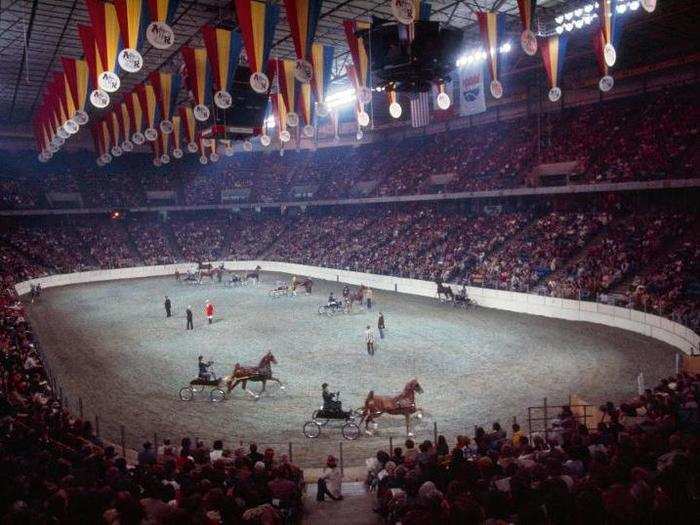 Missouri, 1976: Trotters and buggies circumambulate the Kemper Arena floor at the annual Royal Horse Show in Kansas City.