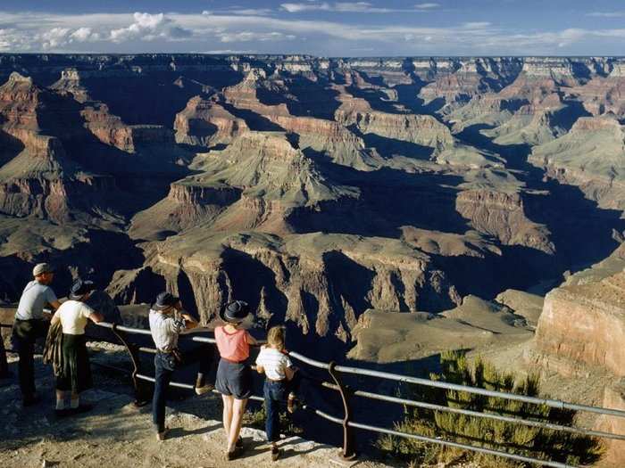 Arizona, 1955: At Hopi Point Overlook, Arizona, afternoon shadows repaint the Grand Canyon