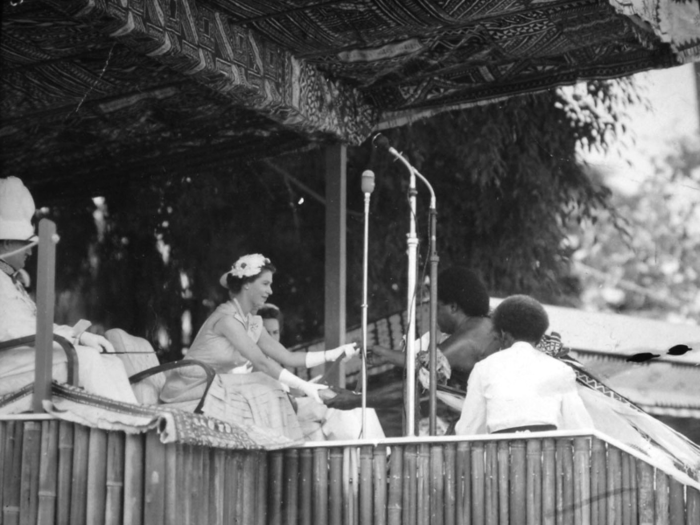 Fiji, 1953: Sperm whale teeth. Every time the Queen visits Fiji she is given 