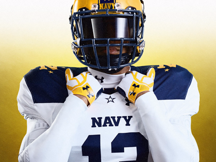 While the "N" with the four stars on the shoulders is a detail from the 1963 uniform, the blue shoulders on the white jersey is actually designed to look like the Navy