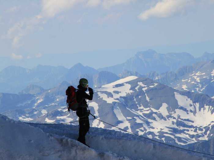 Look out from the top of Mont Blanc, the highest peak in the Alps — and in Europe — which tops out at over 15,000 feet.