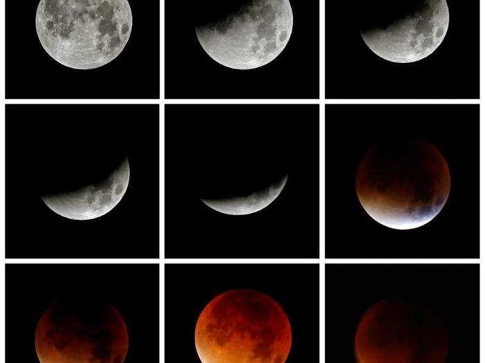 A combination of images shows the progression of a lunar eclipse coinciding with a so-called "supermoon," seen from Hemel Hempstead in Britain.