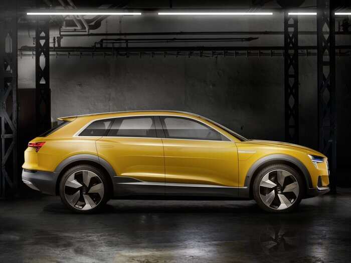 Audi says the mustard yellow, fuel cell car can go from 0 to 62 miles per hour in under 7.1 seconds.