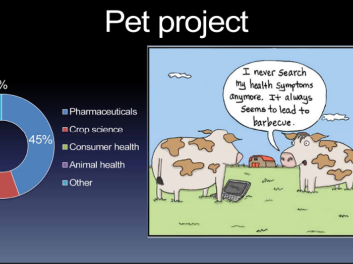 Bayer also has a small animal health business that consists of vaccines and antibiotics for household pets and livestock.