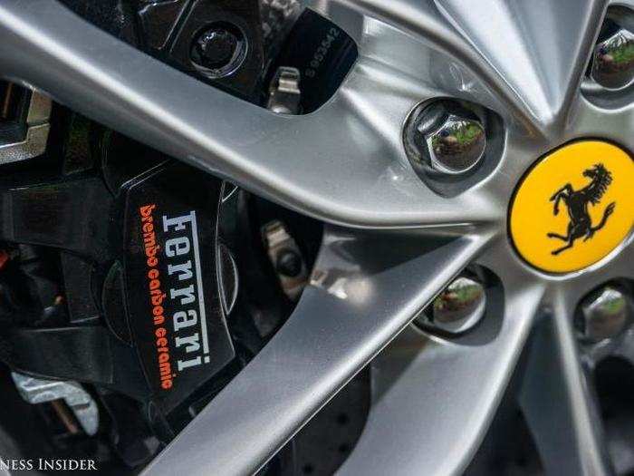 Big Brembo carbon-ceramic brakes all the way around keep a car with a 205-mph top speed under control. They are astonishingly effective.