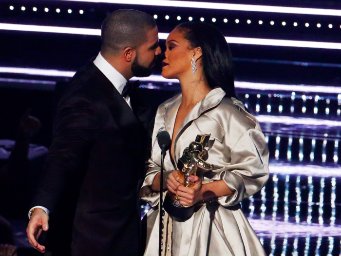 Drake presents Rihanna with the Michael Jackson Video Vanguard Award during the 2016 MTV Video Music Awards in New York.