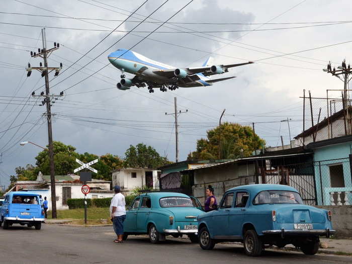 This iconic photo shows Air Force One touching in to land in Cuba for the first time ever. Obama