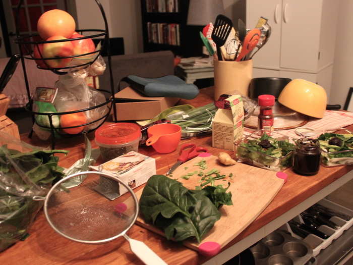 30 minutes later, my kitchen was in chaos. All of the washing, chopping, and preparing of the produce and tofu took me about 40 minutes — about twice the time the app said it would.