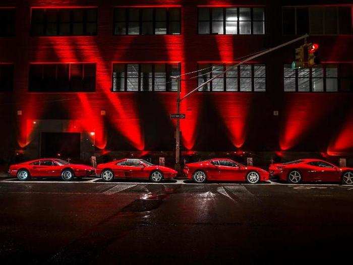 The family of mid-engine Ferrari sports cars, starting with the 308 GTB on the far left and moving through the 348, the 360, and the 458.