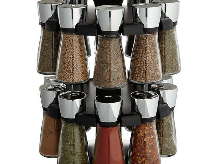 A fully stocked spice rack.