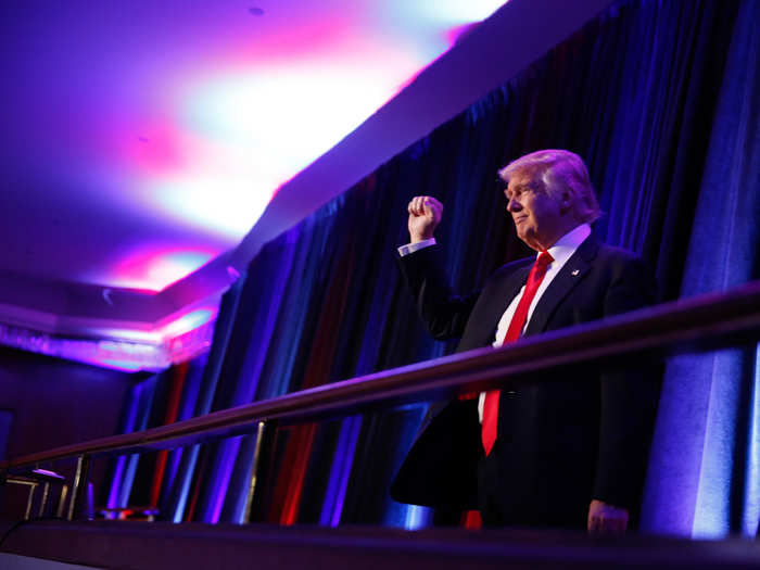 President-elect Donald Trump arrives to address supporters at his election night rally in Manhattan, New York, on November 9.