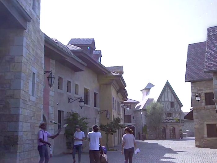 Upon arrival, guests arrive in Riverland which acts as the gateway to the three other theme parks. Different parts of Riverland are modelled on different parts of the world. Pictured below is a French village — which strangely also includes an Olive Garden.