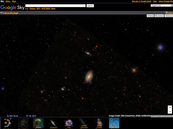 Google.com/sky lets you explore the far reaches of the universe using images from NASA satellite, the Sloan Digital Sky Survey, and the Hubble Telescope.