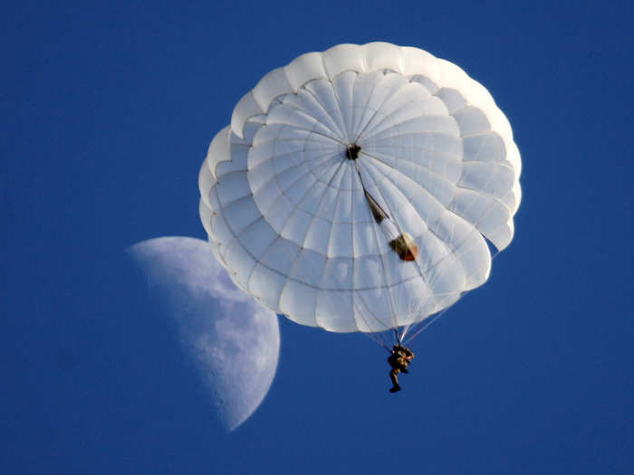 A student of the General Yermolov Cadet School jumped from a plane with the moon behind him outside the southern city of Stavropol, Russia.