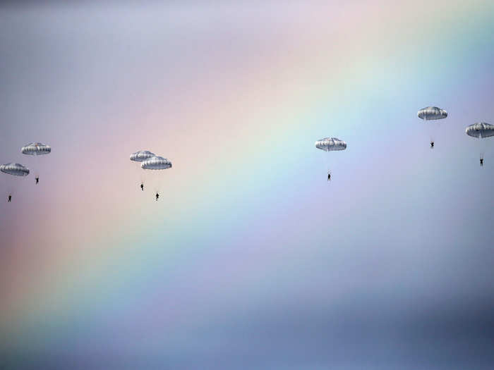 Russian paratroopers jumped past a rainbow out of a IL-76 transport plane during a joint Serbian-Russian military training exercise in the town of Kovin, near Belgrade, Serbia.