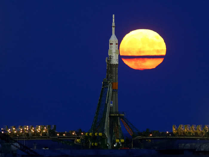 The supermoon rose behind the Soyuz MS-03 spacecraft at the Baikonur cosmodrome in Kazakhstan. The spacecraft has since successfully docked at the International Space Station.