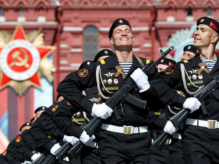 Russian servicemen marched during the Victory Day parade, marking the 71st anniversary of the victory over Nazi Germany in World War II, at Red Square in Moscow, Russia.