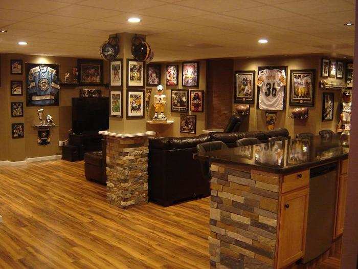 This man cave proudly boasts a jersey from the Pittsburgh Steelers